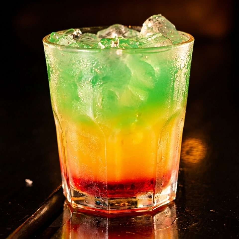 A vibrant layered cocktail with red, orange, and green colors, topped with ice, on a dark surface.