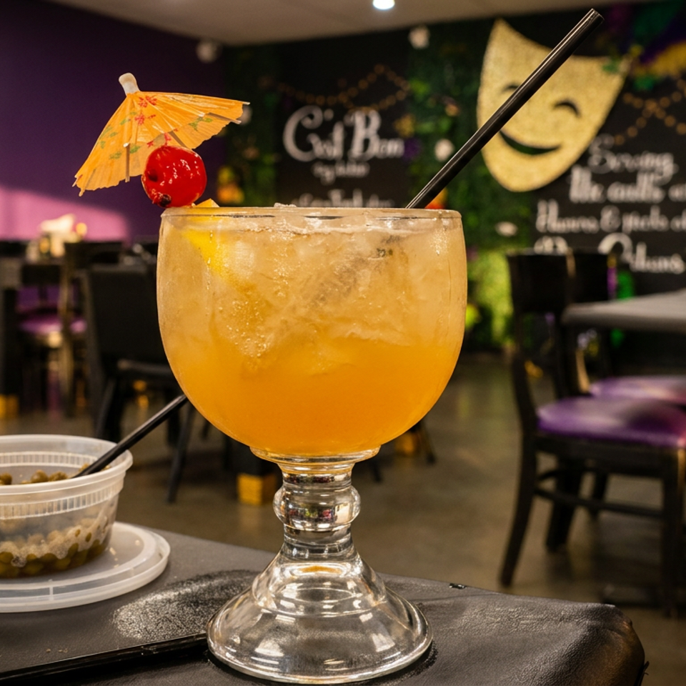 A large orange cocktail with a tiny umbrella and cherry, next to a container of olives.