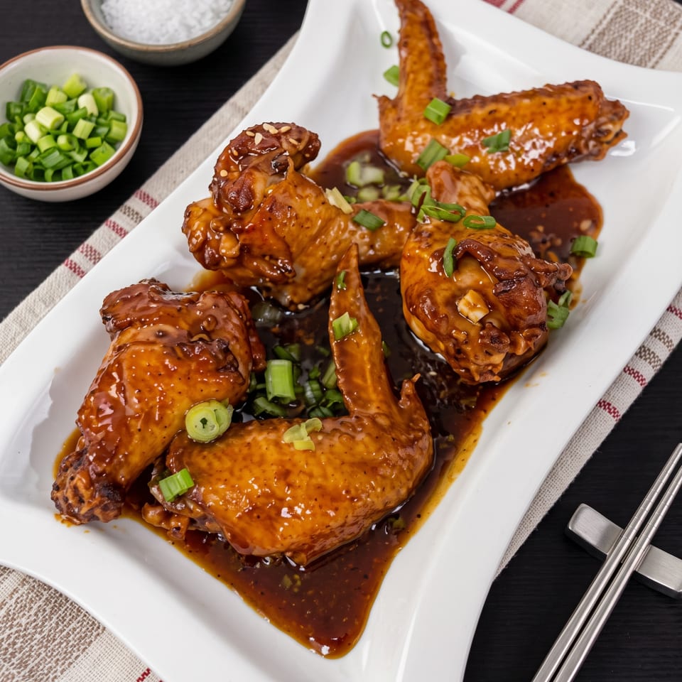 Glazed chicken wings garnished with green onions on a white platter, surrounded by bowls of salt, pepper, and chopped scallions.
