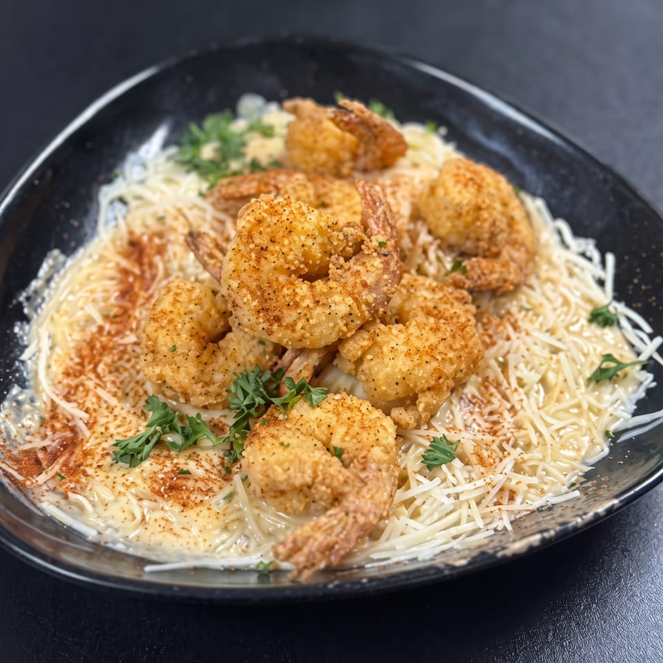 Crispy seasoned shrimp served over creamy pasta with shredded cheese and parsley in a black bowl.